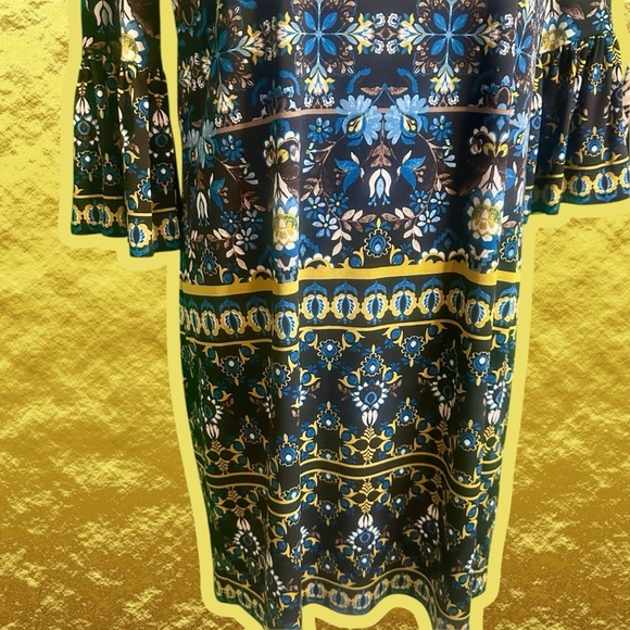 Maggy London Blue Kaleidoscope Paisley Print Bell Sleeve Shift Dress Size 8 - Picture 14 of 14